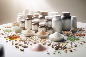 Različna prehranska dopolnila prikazana na beli površini