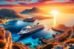 Križarka v mirnem zalivu, obkrožena s sredozemsko pokrajino.