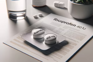 Tableta Ibuprofen 400 mg na mizi s kozarcem vode v ozadju.