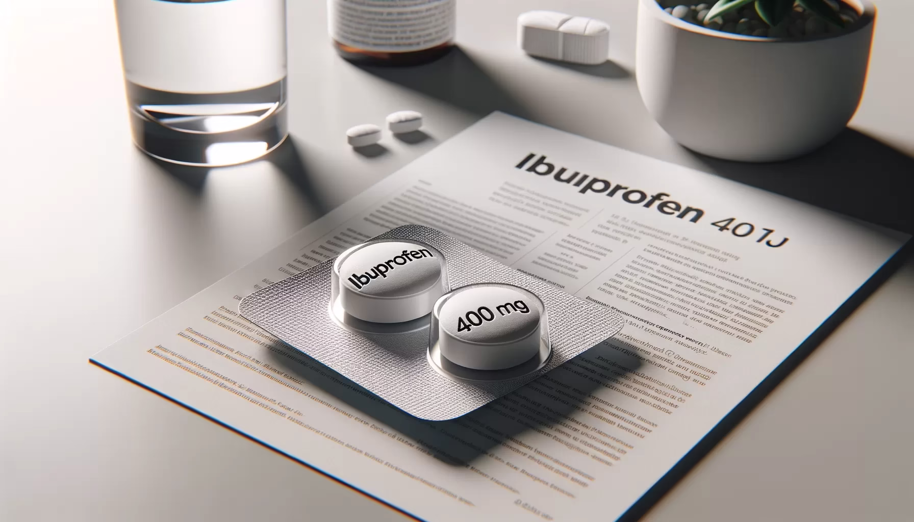 Tableta Ibuprofen 400 mg na mizi s kozarcem vode v ozadju.