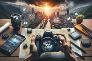 Popotnik, ki raziskuje naravne nevarnosti in uporabo tehnologije za varnost.