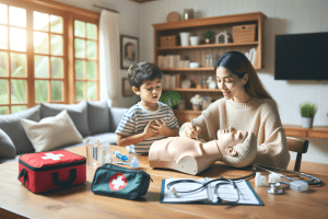 Ilustracija družine, ki se uči prve pomoči doma.