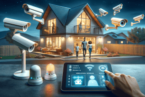 Družina uporablja pametni varnostni sistem v svojem domu.