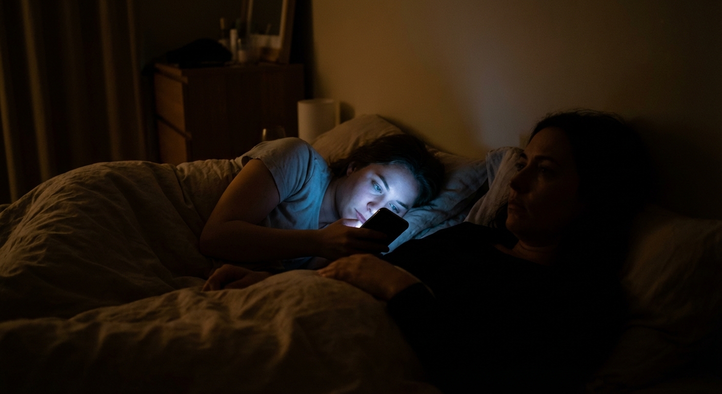 Slika simbolizira pogubni vpliv pornografije na odnose, ki vodi v oddaljenost in pomanjkanje čustvene povezanosti v sodobni intimnosti.