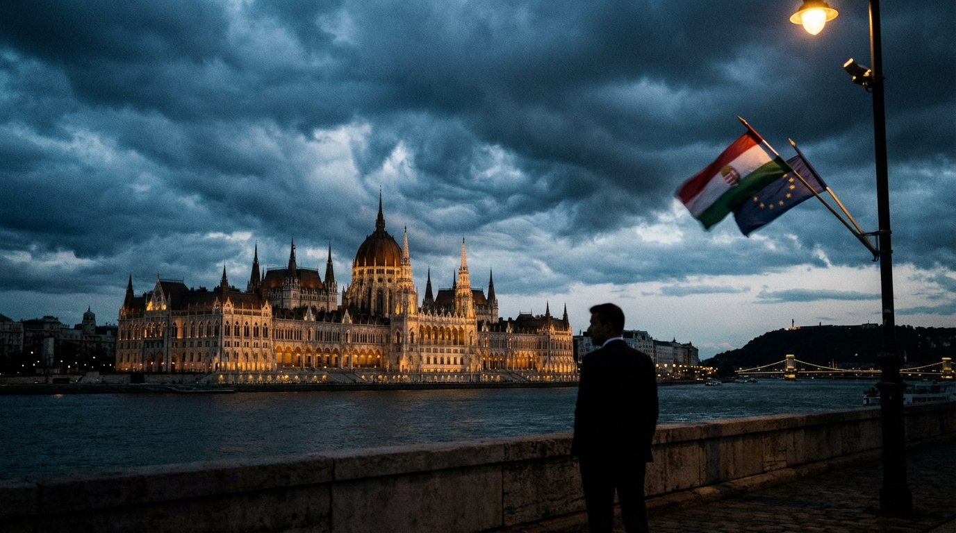 Ta slika simbolično predstavlja napetosti med iliberalno demokracijo pod Viktorjem Orbánom in Fideszom ter načeli pravne države, ki jih zastopa Evropska unija.